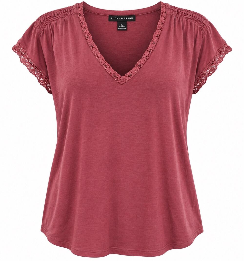 Lucky Brand Lace Trim V Neck Top Large Burgundy Rose Cap Sleeve Boho NWT